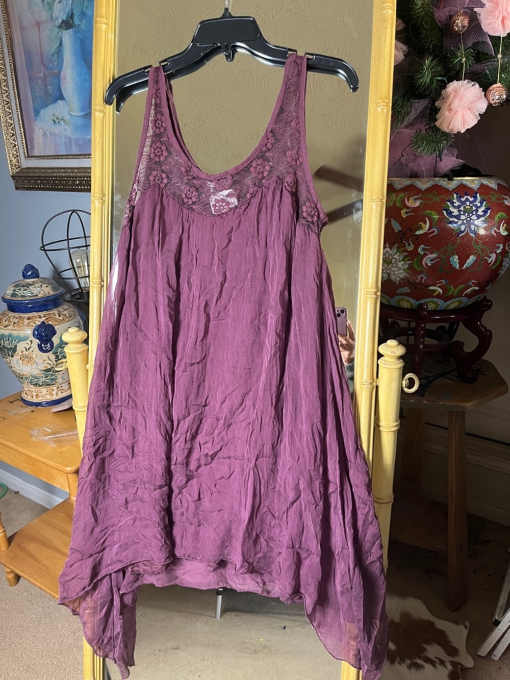 H. Trend Made in Italy Boho Lace Yoke Sleeveless Tunic Dress in Dusty Plum